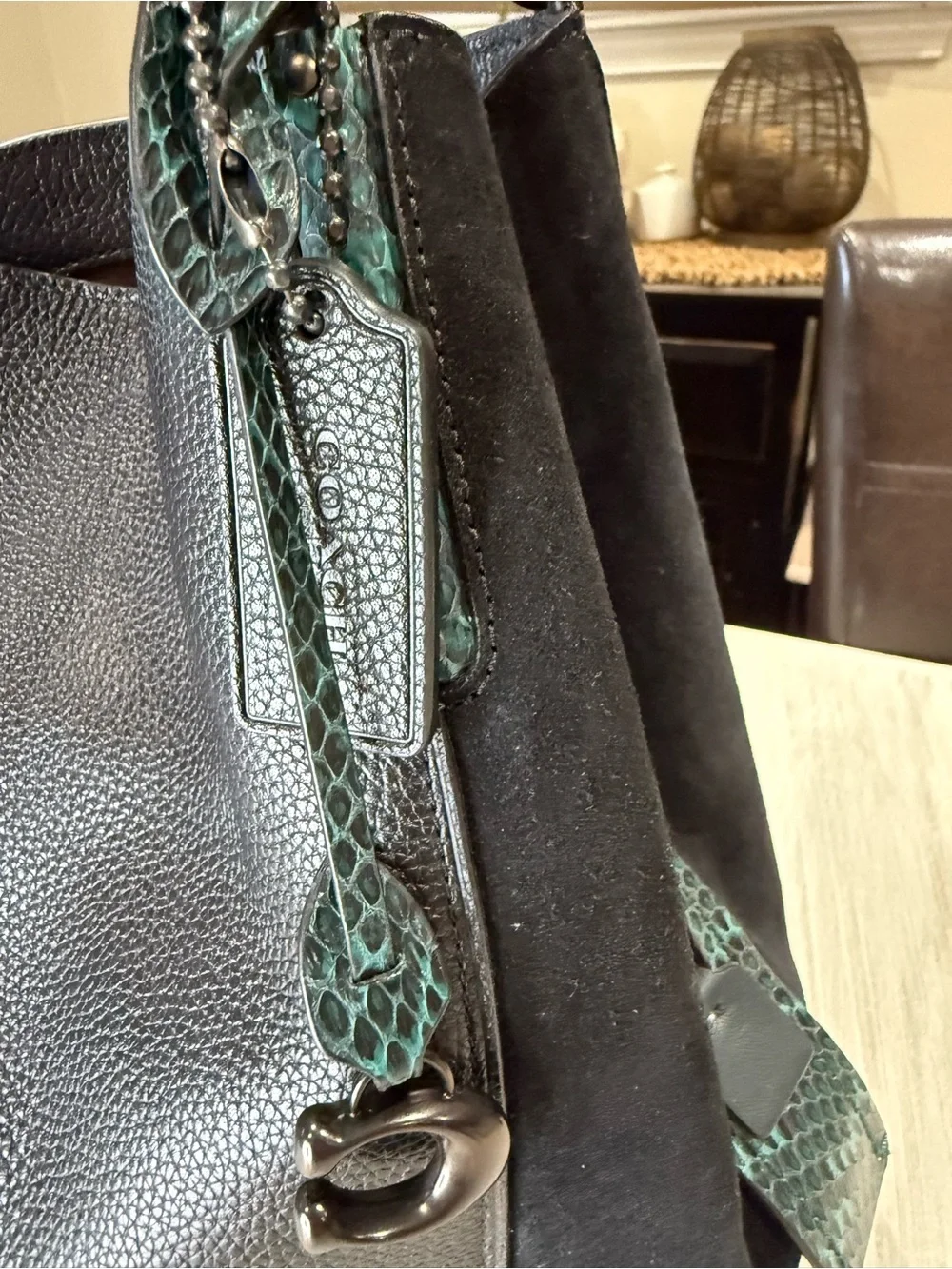 Coach Dalton 31 Black Shoulder Bag with Teal Snake-Print Strap and Suede